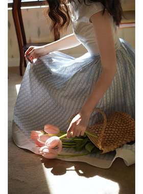 Chings 法式复古提花条纹波点裙 撞色高腰梨形大摆裙赫本风半裙秋