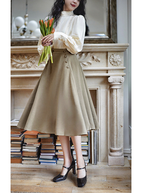 Chings复古高腰梨形身材显瘦半裙女 双排扣赫本风大摆裙A字裙秋冬