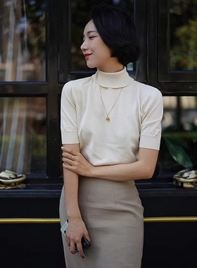 ching’s复古气质半高领后背镂空中袖针织衫修身打底毛衣打底上衣