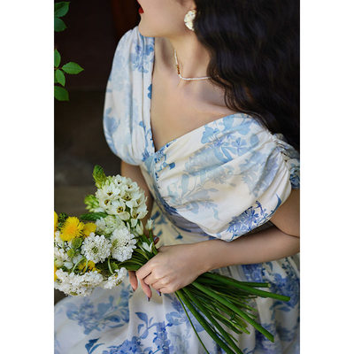 Chings 法式复古青花瓷绣球V领连衣裙 飘逸落肩显瘦优雅A字裙长裙