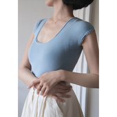 Ching 上衣蕾丝花边大弹力大U领纯色打底衫 s法式 复古显瘦舒适薄款