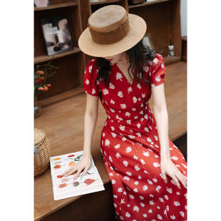 复古V领绑带高腰连衣裙 法式 A字裙显瘦遮肉气质收腰女裙 衣橱 青