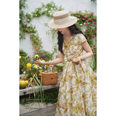 Chings 蝴蝶结印花高腰A字大摆裙长裙 连衣裙 法式 复古V领显瘦短袖