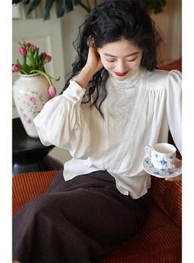 chings复古vintage爱德华风格高领上衣 刺绣蕾丝弹力腰灯笼袖衬衫