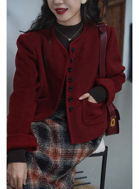 Chings 法式复古单排扣撞色羊毛呢外套 短夹克秋春保暖双面呢大衣