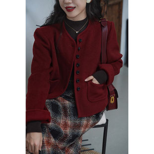 短夹克秋春保暖双面呢大衣 复古单排扣撞色羊毛呢外套 Chings 法式