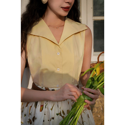 无袖衬衫彩色大翻领复古