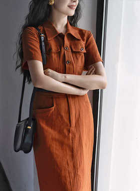 Ching's 1980年代复古棉麻工装版型衬衫领收腰显瘦高腰直筒连衣裙