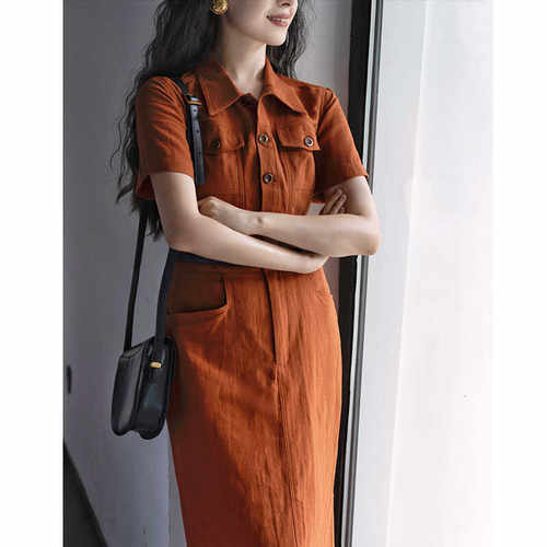 衬衫领直筒高腰工装版型棉麻复古