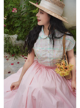 Chings 1960年代复刻单排棉布印花短袖衬衫 复古撞色格纹圆领上衣