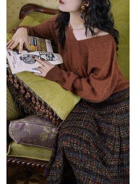 Chings法式复古V领针织衫 彩虹糖多巴胺云感羊绒羊毛拉毛套头毛衣