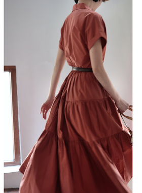 Chings法式复古v领显瘦显高衬衫连衣裙 高级感高腰蛋糕长裙裙子女