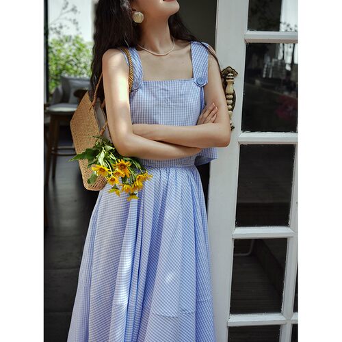 【断码清仓】青的衣服 复古方领套装裙 彩色格纹显瘦高腰大摆裙