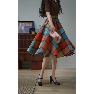 Chings复古高腰显瘦彩色格纹毛呢半身裙 赫本风A字大摆裙太阳裙冬
