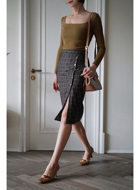 Ching's复古方领弹力修身上衣女 坑条包芯纱长袖百搭打底衫秋新款