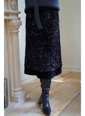 【断码清仓】Ching's复古丝绒A字亮片半裙新年圣诞节年会高腰长裙