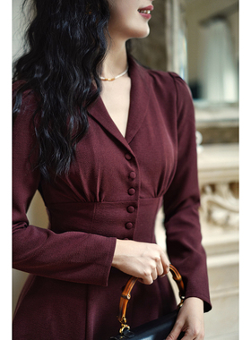 Chings复古收腰单排扣连衣裙 高腰A字显瘦开衩大摆伞裙长袖混纺裙