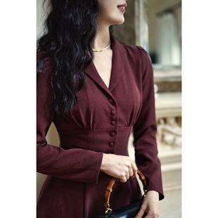 Chings复古收腰单排扣连衣裙 混纺裙 高腰A字显瘦开衩大摆伞裙长袖