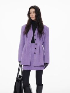 LIONCAT/冬季极简风高级感双面呢V领紫色羊毛外套气质半身裙套装