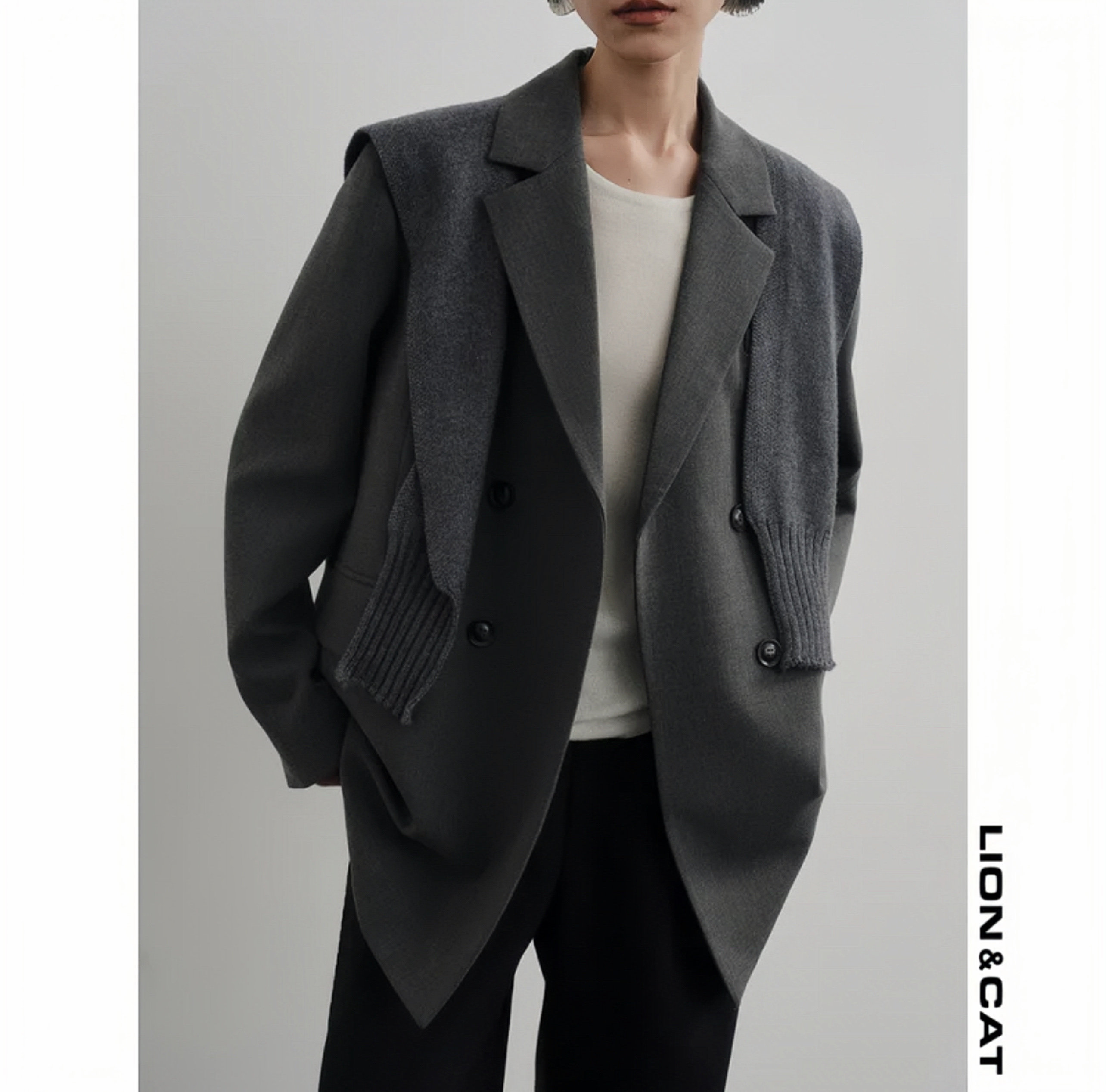 春装新款复古时尚灰色针织披肩两件套休闲女士西装外套