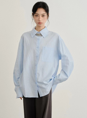 蓝色衬衫女秋季新款慵懒风简约气质长袖衬衣女士