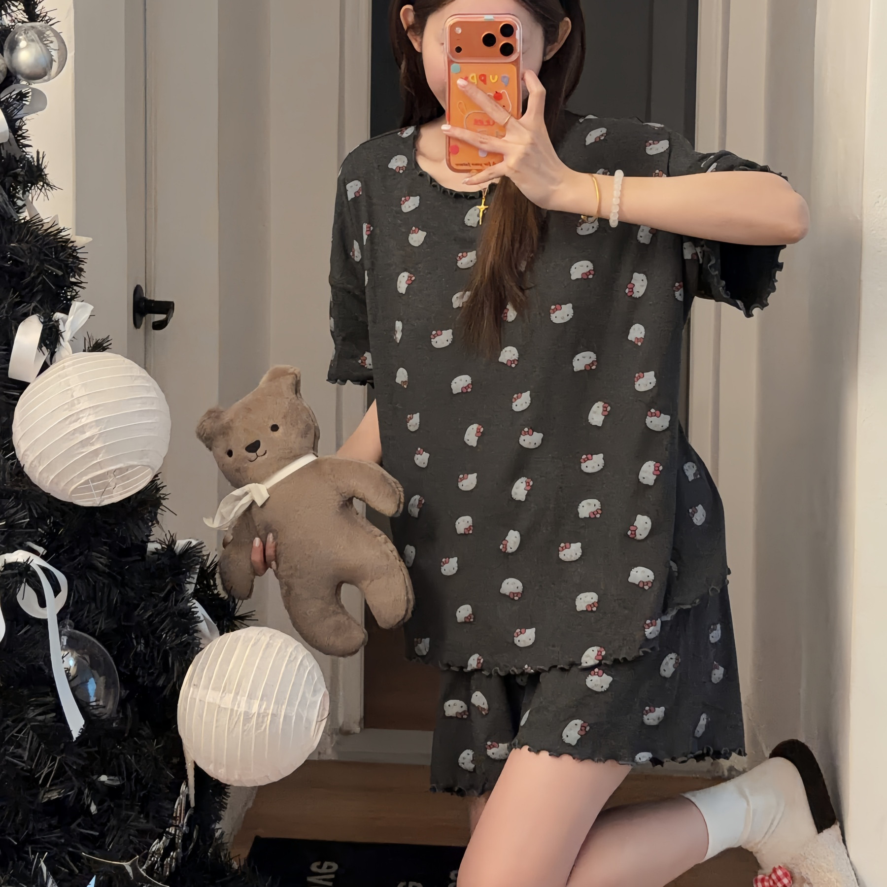 莫代尔灰色KT猫女短袖睡衣大码