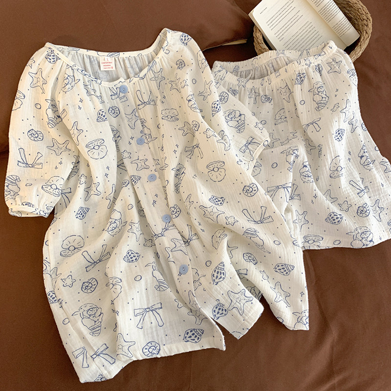 双层纯棉纱短袖睡衣女贝壳大码