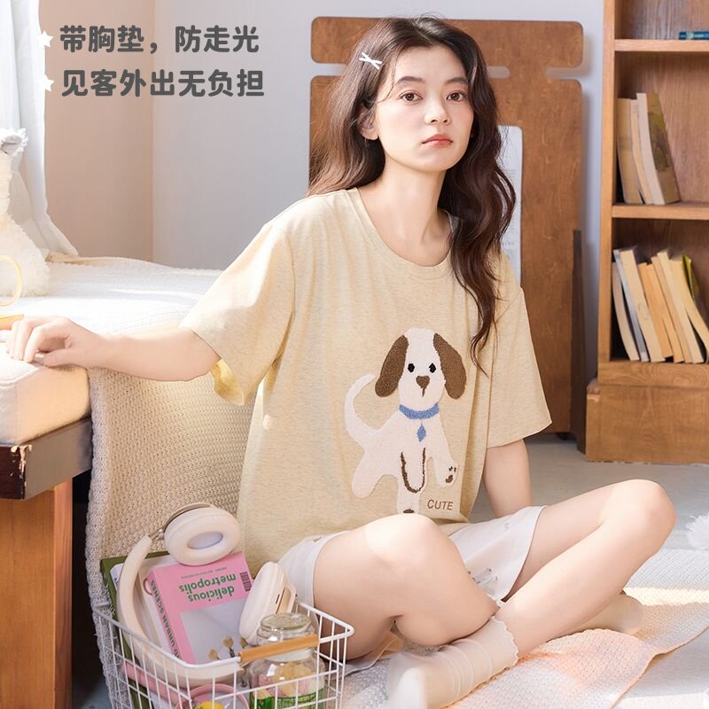 棉带胸垫短袖睡衣夏刺绣狗狗大码