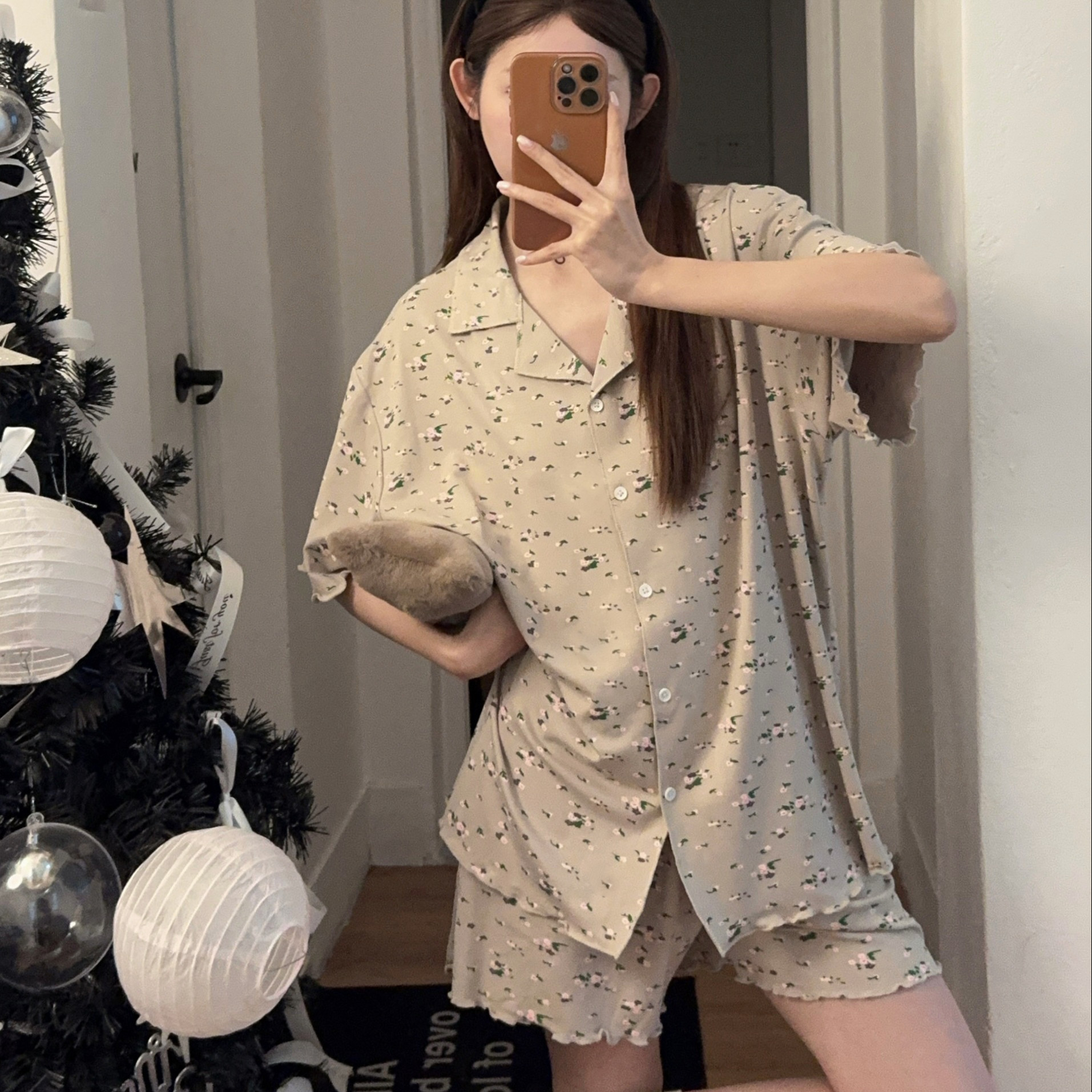 木耳边小碎花翻领短袖大码睡衣