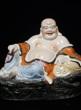 景德镇十大瓷厂雕塑瓷厂七十年代手绘描金粉彩弥勒佛陶瓷摆件收藏