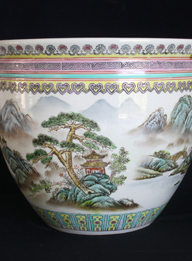 景德镇80年代粉边粉彩山水睡莲缸