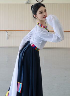 shali莎莉藏族舞练习服套装女白色水袖演出服考试考级练习裙