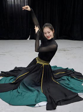 黑色蒙古族舞蹈演出服装艺考大摆裙练习长裙女成人考试民族套装