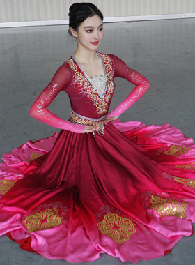 新疆维吾尔族舞蹈演出服定制艺考维族表演练功服饰红色渐变大摆裙