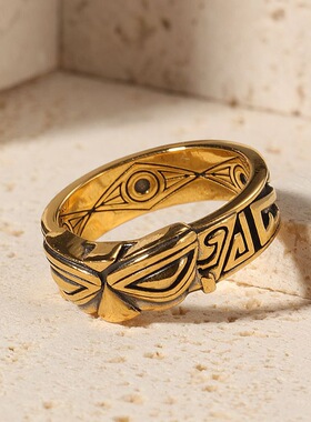 千叶泰银潮牌黑金戒指男女百搭古金戒指三星堆B复古原创开口指环