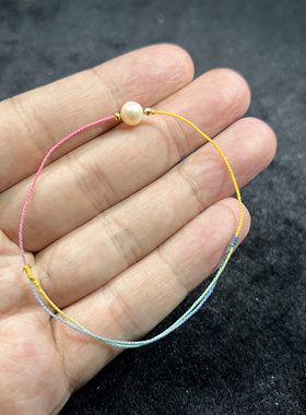 18k蹦迪珠手工编极细蜡线珍珠彩色手绳极简风天然近正圆彩绳手链