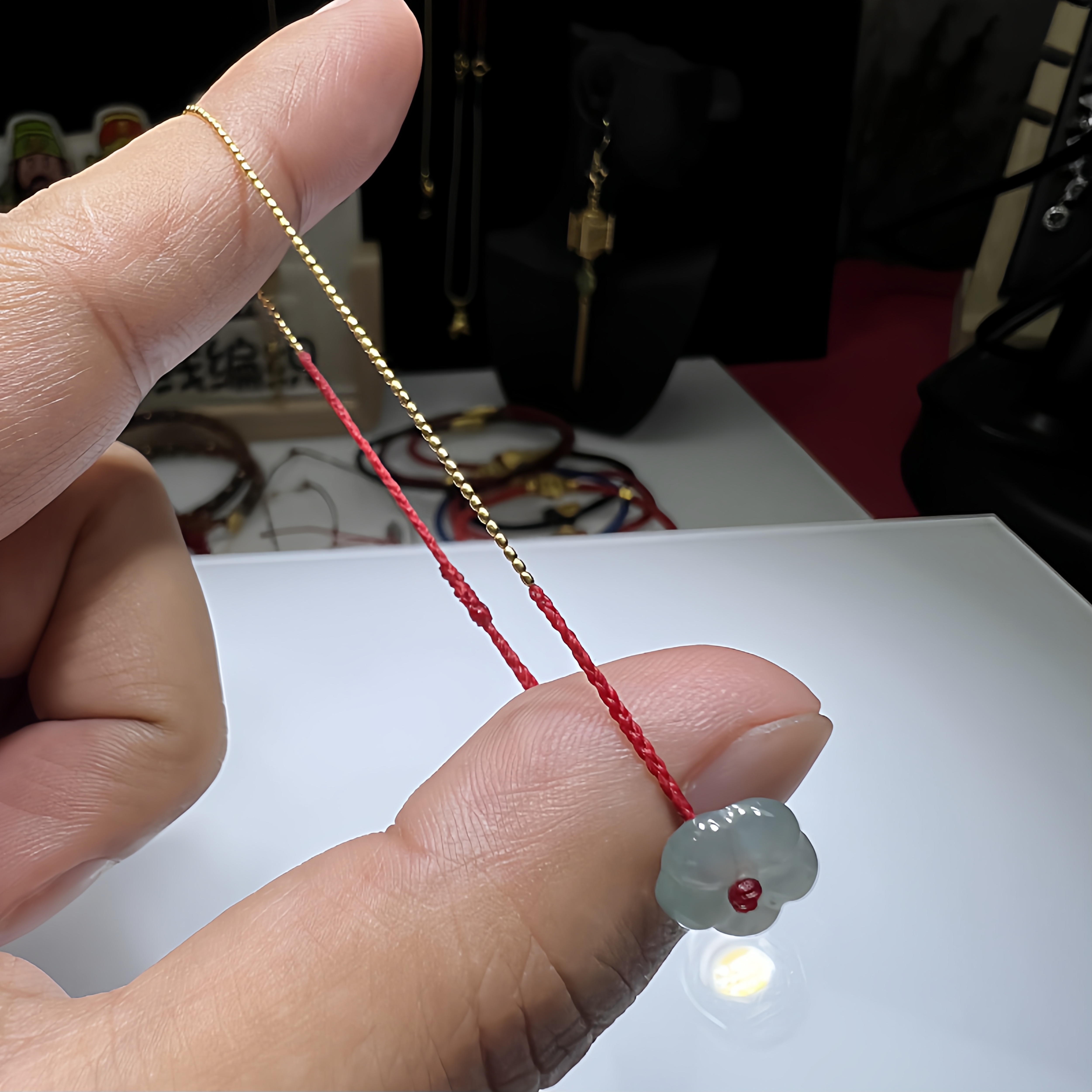 本命年红色极细手绳18k金翡翠有钱花蜡线编织手链芝麻珠随身百搭