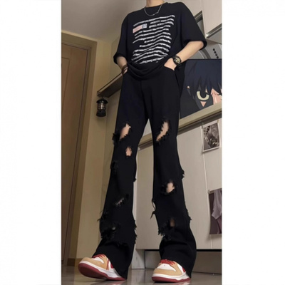 黑色美式破洞牛仔裤男生夏季薄款
