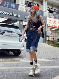 宽松卷边高腰直筒阔腿中裤 女辣妹夏季 五分牛仔短裤 清仓折扣捡漏