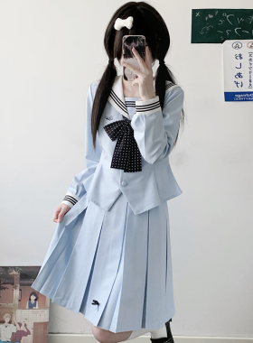 莉莉丝原创收腰水手服长袖春夏学院风水蓝色JK制服甜美波点蝴蝶结