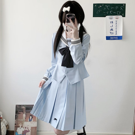 莉莉丝原创收腰水手服长袖春夏学院风水蓝色JK制服甜美波点蝴蝶结