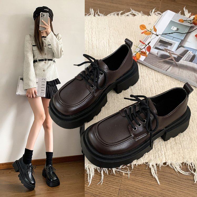 英伦风厚底小皮鞋女2025年秋冬季新款加绒保暖粗跟高跟系带乐福鞋,女鞋,深口单鞋,淘宝优惠券,粉丝福利购,淘宝优惠卷