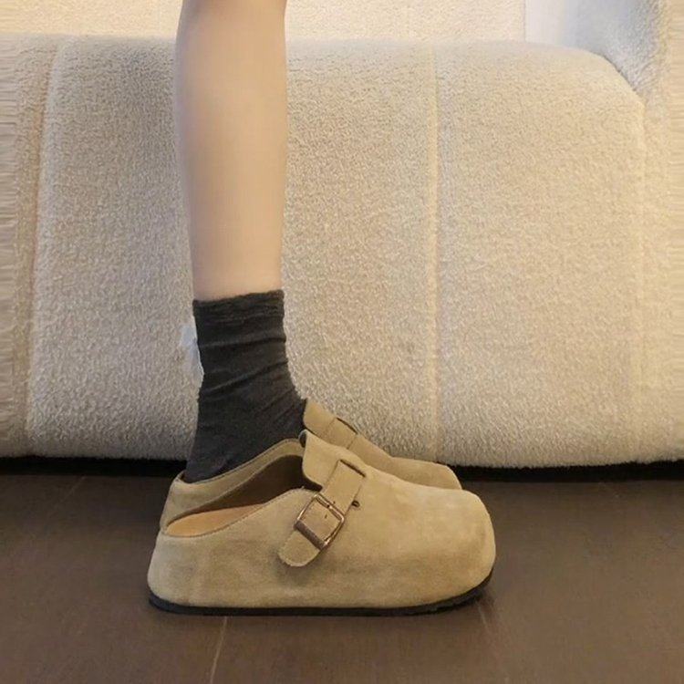 厚底内增高勃肯鞋女2025春秋新款小个子一脚蹬包头半拖鞋外穿女鞋