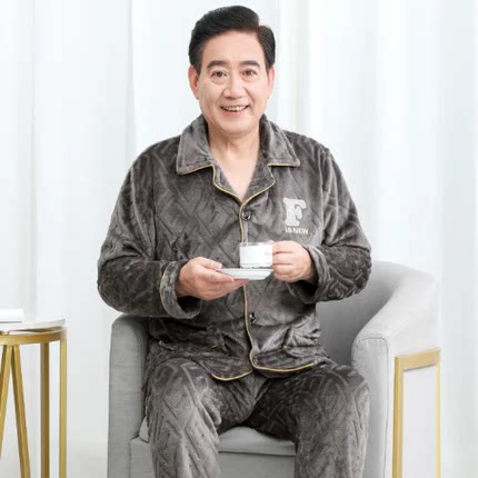 秋冬季中老年人法兰绒外套睡衣男爸爸加绒加厚居家服爷爷保暖长袖