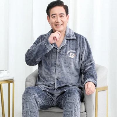 爷爷冬季珊瑚绒睡衣男宽松大码200斤中老年保暖家居服套装爸爸装