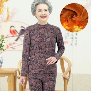 睡衣女婆婆套头秋衣秋裤 长裤 妈妈加绒加厚内衣中老年保暖长袖 冬季