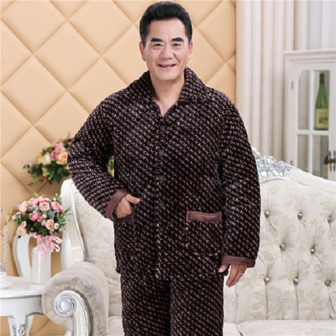 老年人加厚保暖法兰绒夹棉睡衣男