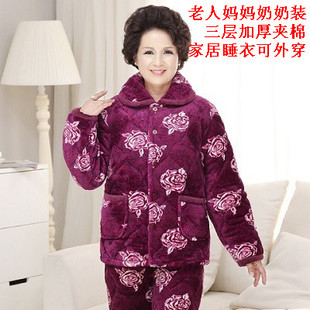 婆婆长袖外套女装冬装妈妈棉衣套装睡衣裤中老年法兰绒夹棉袄防寒