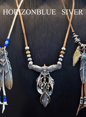 HORIZONBLUE SIVER羽毛吊坠鹰琉璃925银皮绳项链复古个性男女潮流