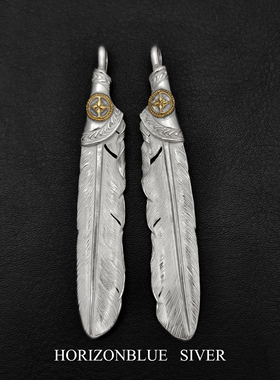 HORIZONBLUE SIVER点铜十字印台羽毛吊坠手工羽毛印第安银饰项链